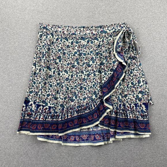 BILA Wrap Mini Skirt Large Blue Paisley Floral Western Cowgirl Lightweight Boho - Picture 1 of 15
